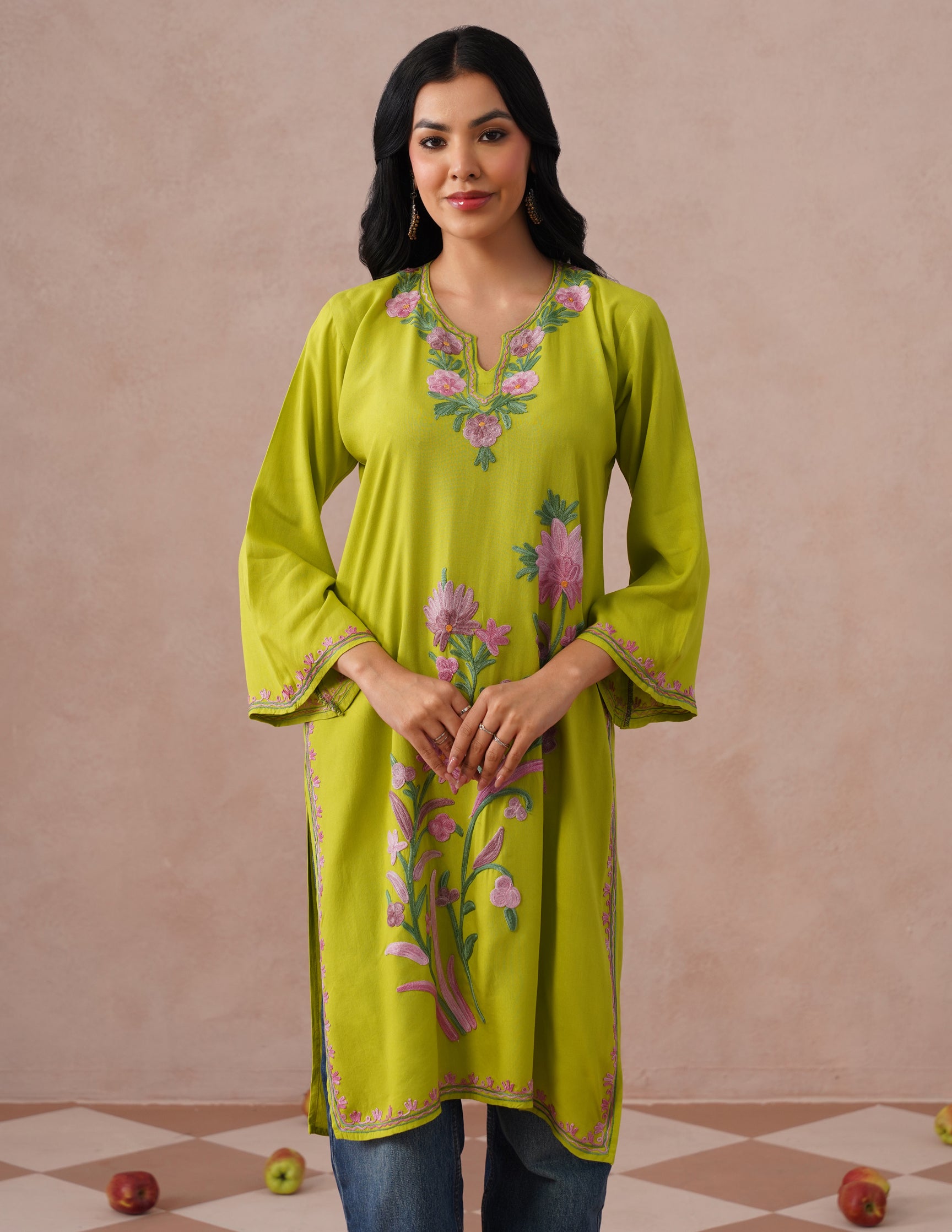 Parrot Green Rayon Kurti – Multicolor Aari Embroidery | Vibrant Casual Ethnic Wear - Kashmir Box