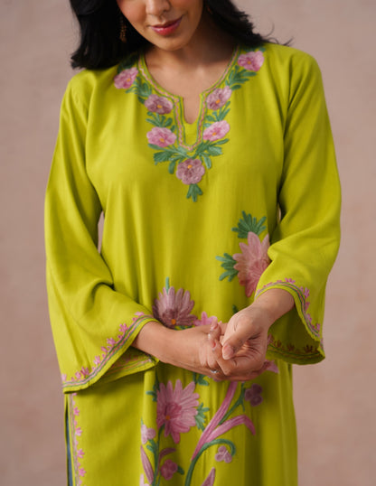 Parrot Green Rayon Kurti – Multicolor Aari Embroidery | Vibrant Casual Ethnic Wear - Kashmir Box