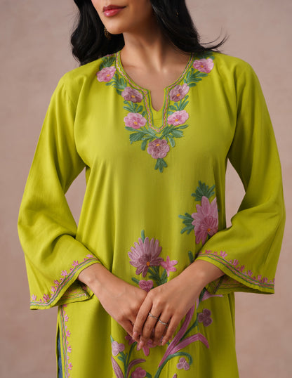 Parrot Green Rayon Kurti – Multicolor Aari Embroidery | Vibrant Casual Ethnic Wear - Kashmir Box