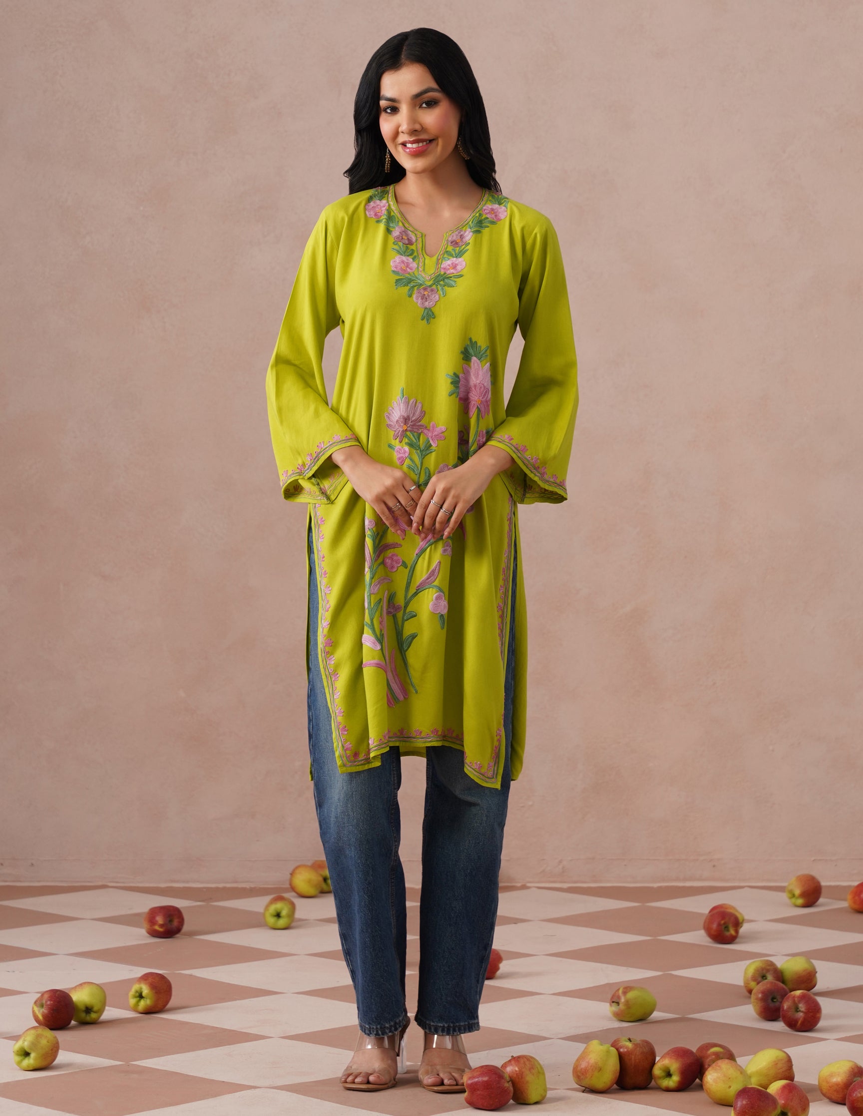 Parrot Green Rayon Kurti – Pink &amp; Green Aari Embroidery | Vibrant Casual Ethnic Wear - Kashmir Box