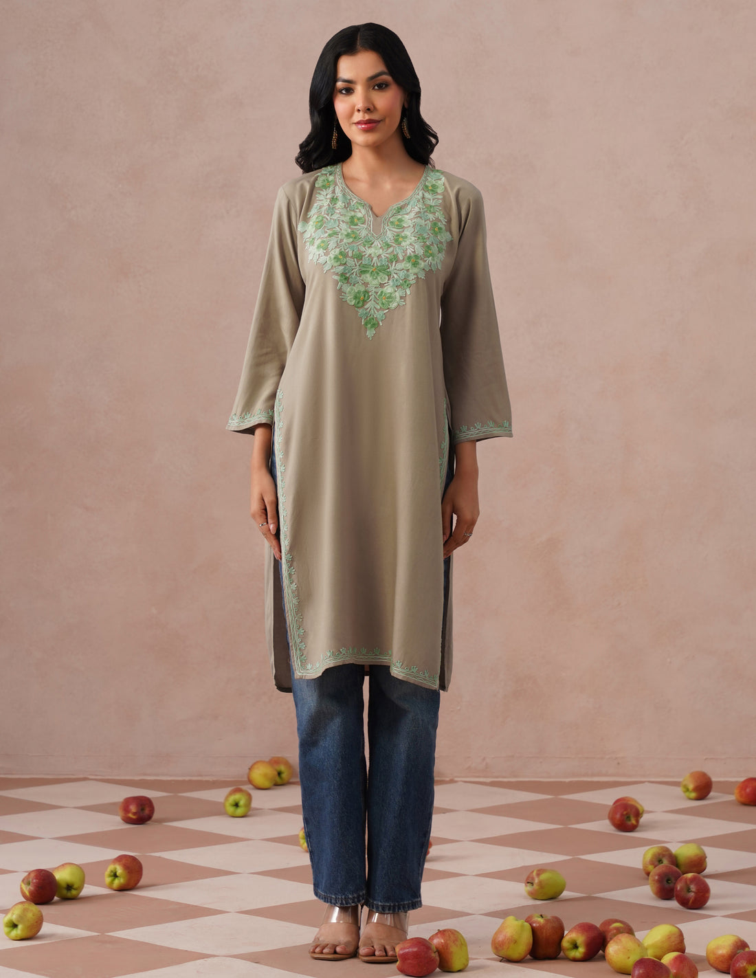 Mouse Grey Rayon Kurti – Green Aari Embroidery | Daily Wear Ethnic Kurti - Kashmir Box