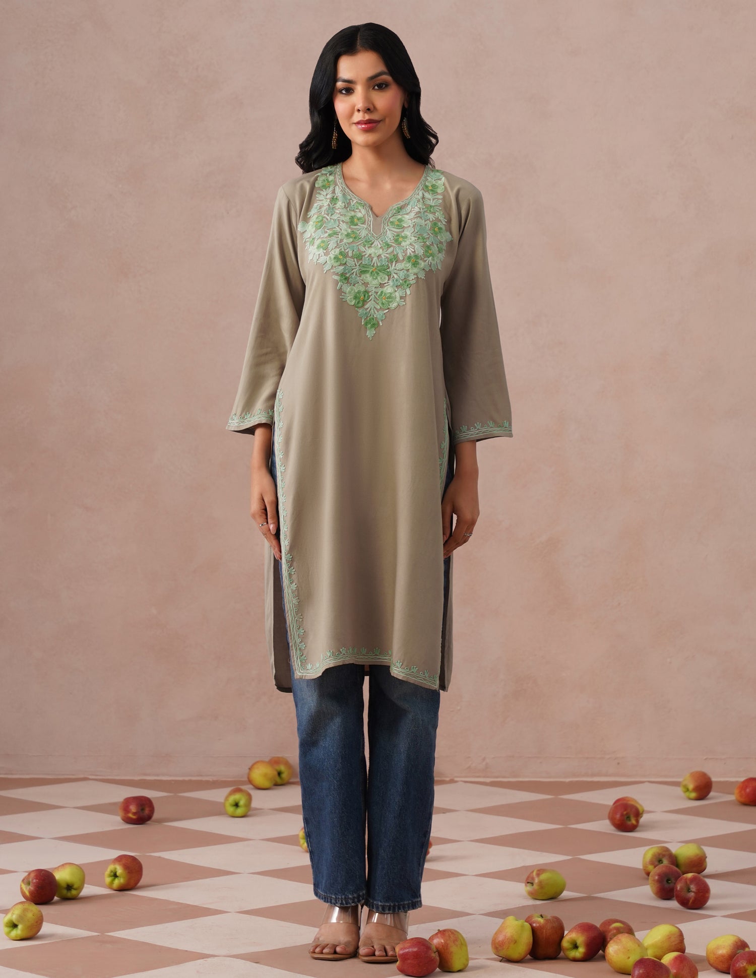 Mouse Grey Rayon Kurti – Green Aari Embroidery | Daily Wear Ethnic Kurti - Kashmir Box