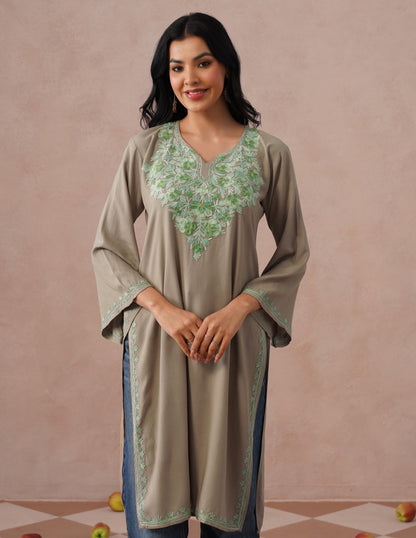 Mouse Grey Rayon Kurti – Green Aari Embroidery | Daily Wear Ethnic Kurti - Kashmir Box