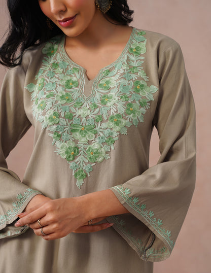 Mouse Grey Rayon Kurti – Green Aari Embroidery | Daily Wear Ethnic Kurti - Kashmir Box