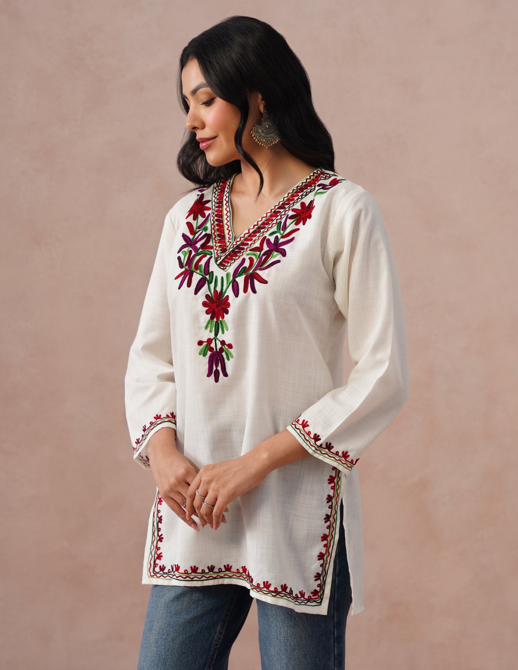 White Cotton Kurti – Vibrant Multicolor Aari Embroidery | Daily Ethnic Wear - Kashmir Box