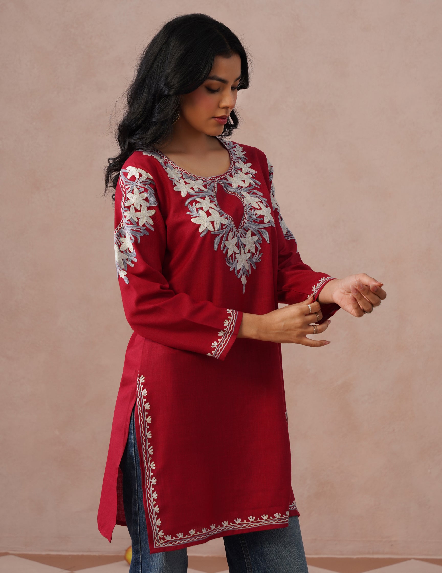 Blush Maroon Cotton Kurti – Grey &amp; White Aari Embroidery | Office Ethnic Wear - Kashmir Box
