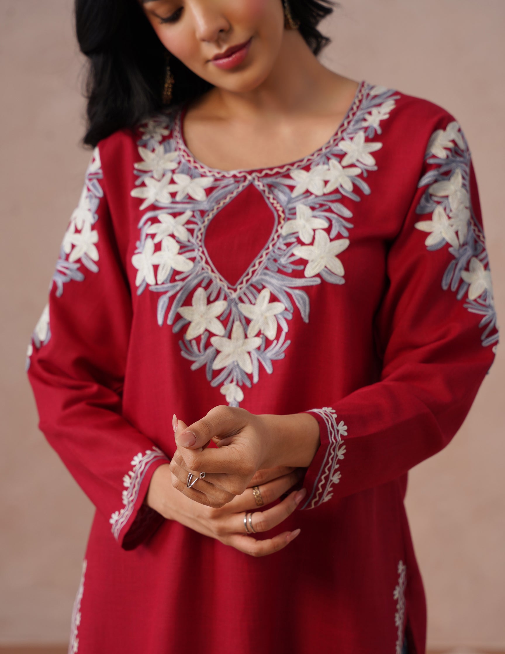 Blush Maroon Cotton Kurti – Grey &amp; White Aari Embroidery | Office Ethnic Wear - Kashmir Box
