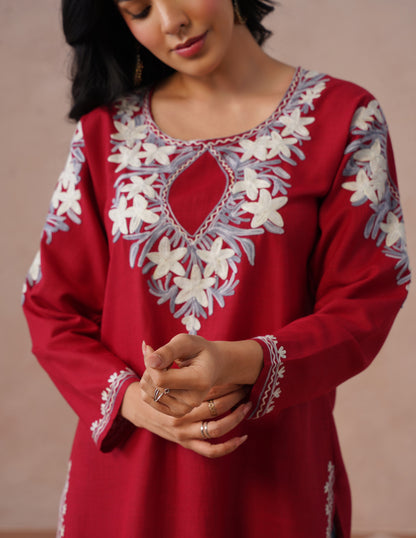 Blush Maroon Cotton Kurti – Grey &amp; White Aari Embroidery | Office Ethnic Wear - Kashmir Box