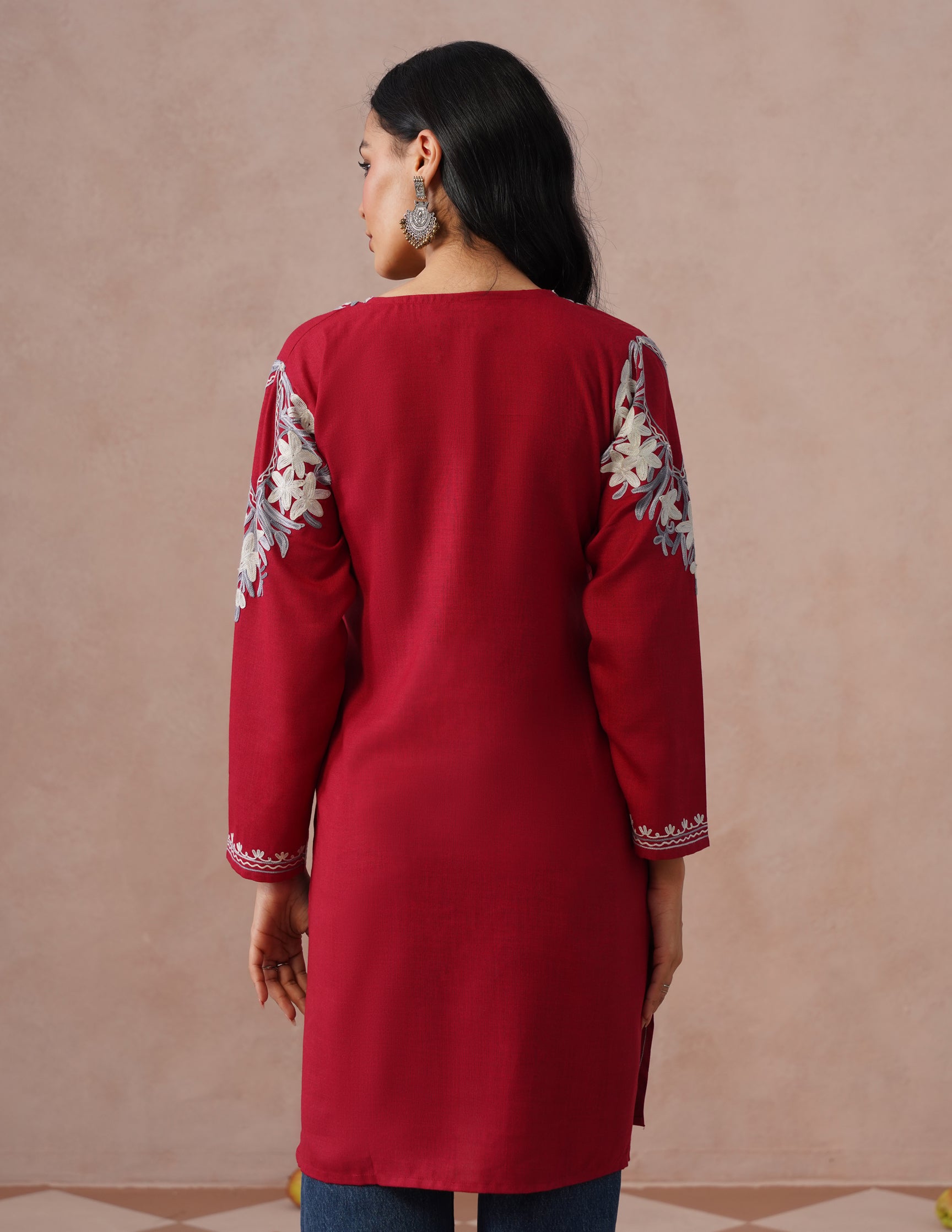 Blush Maroon Cotton Kurti – Grey &amp; White Aari Embroidery | Office Ethnic Wear - Kashmir Box