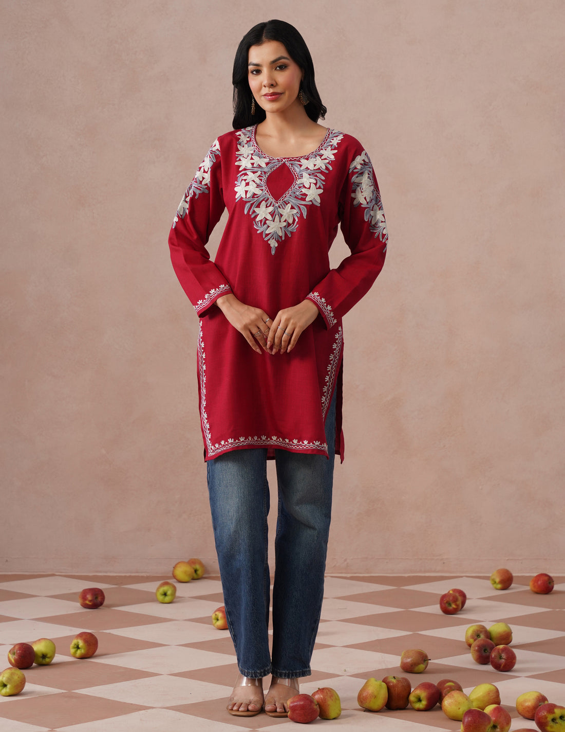 Blush Maroon Cotton Kurti – Grey &amp; White Aari Embroidery | Office Ethnic Wear - Kashmir Box