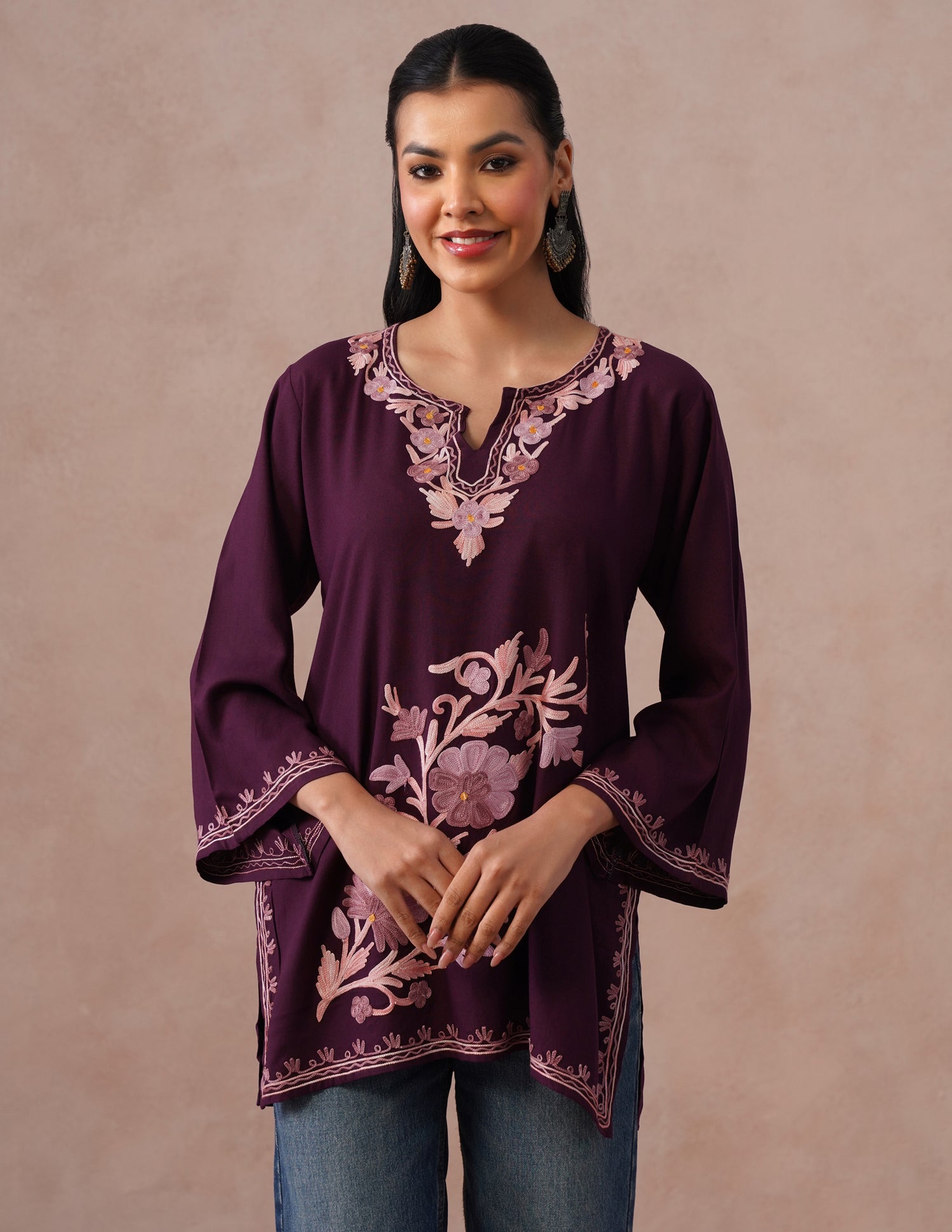 Wine Rayon Kurti – Tonal Aari Embroidery | Everyday Ethnic Wear - Kashmir Box