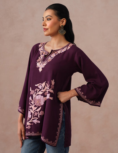 Wine Rayon Kurti – Tonal Aari Embroidery | Everyday Ethnic Wear - Kashmir Box