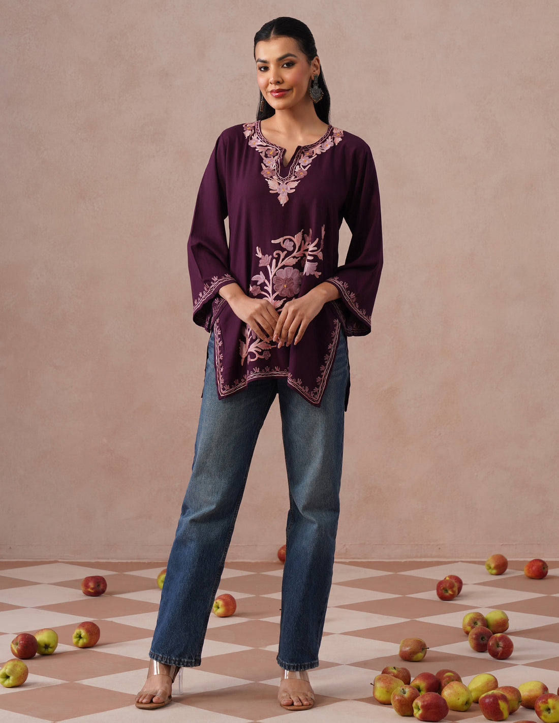 Wine Rayon Kurti – Tonal Aari Embroidery | Everyday Ethnic Wear - Kashmir Box