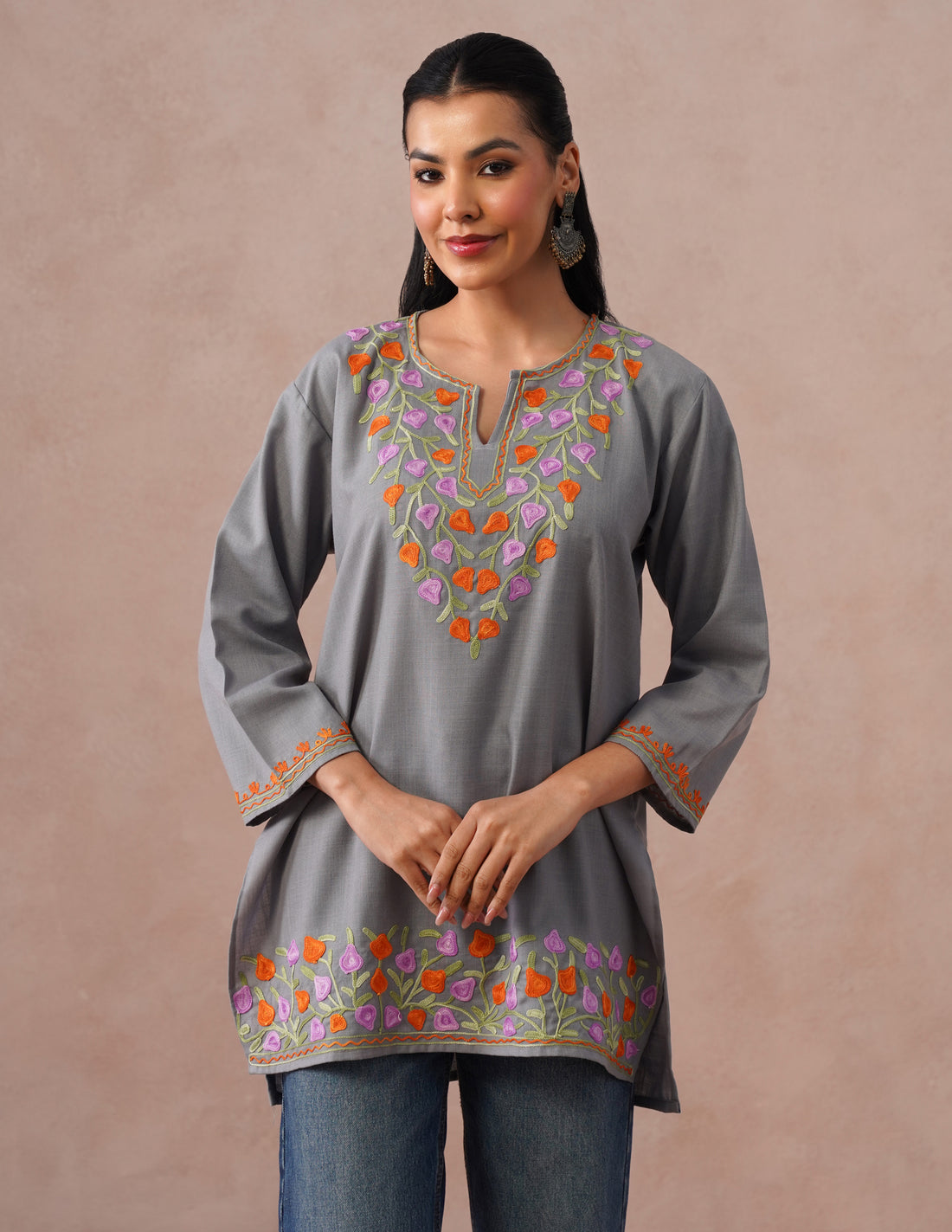 Grey Cotton Kurti – Multicolor Aari Embroidery | Office &amp; Casual Ethnic Wear - Kashmir Box