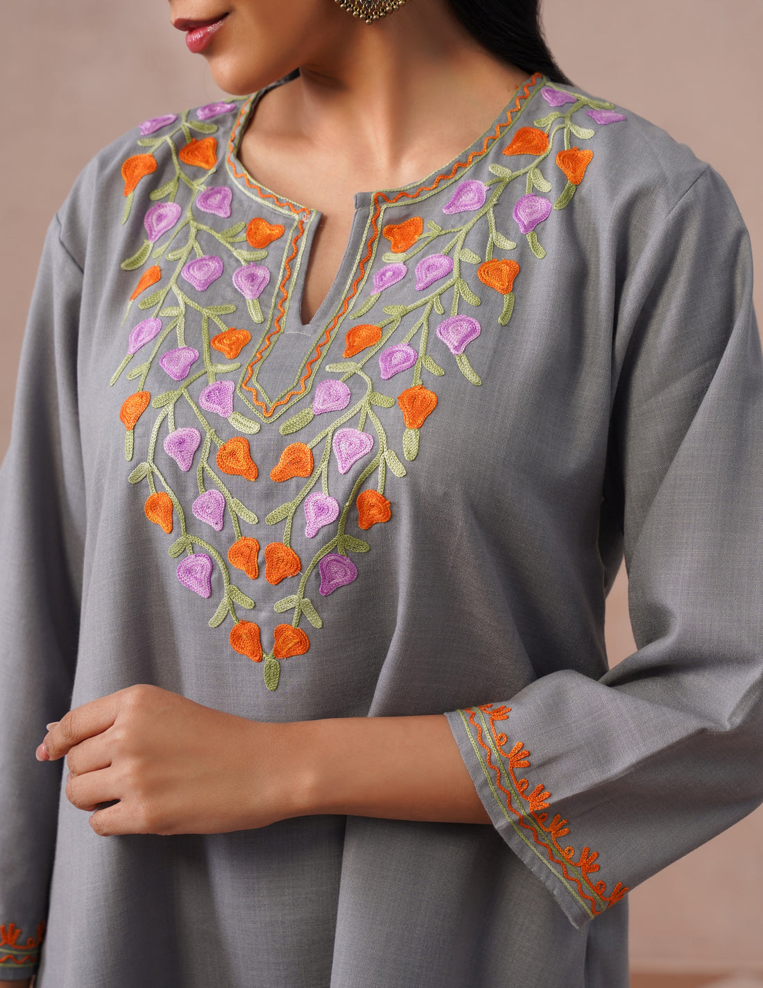 Grey Cotton Kurti – Multicolor Aari Embroidery | Office &amp; Casual Ethnic Wear - Kashmir Box