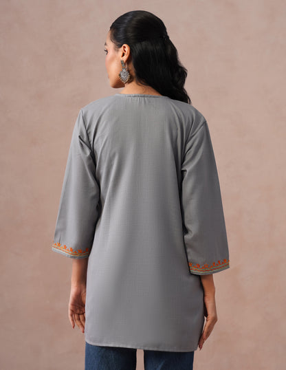 Grey Cotton Kurti – Multicolor Aari Embroidery | Office &amp; Casual Ethnic Wear - Kashmir Box