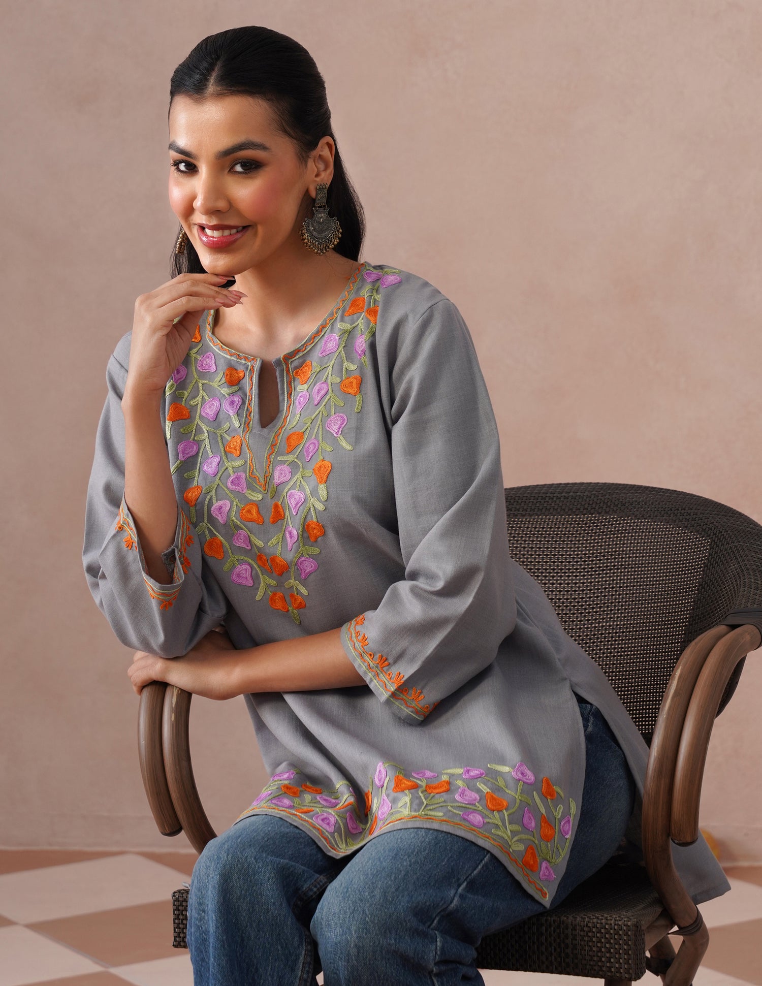 Grey Cotton Kurti – Multicolor Aari Embroidery | Office &amp; Casual Ethnic Wear - Kashmir Box