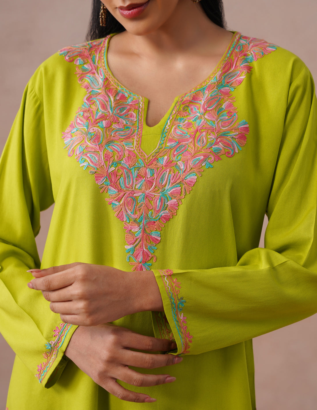 Parrot Green Rayon Kurti – Vibrant Multicolor Aari | Casual Ethnic Wear - Kashmir Box