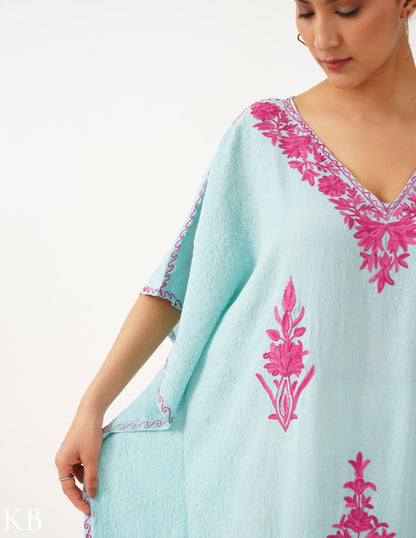 Mint Kaftan with Candy Pink Aari Embroidery - Kashmir Box