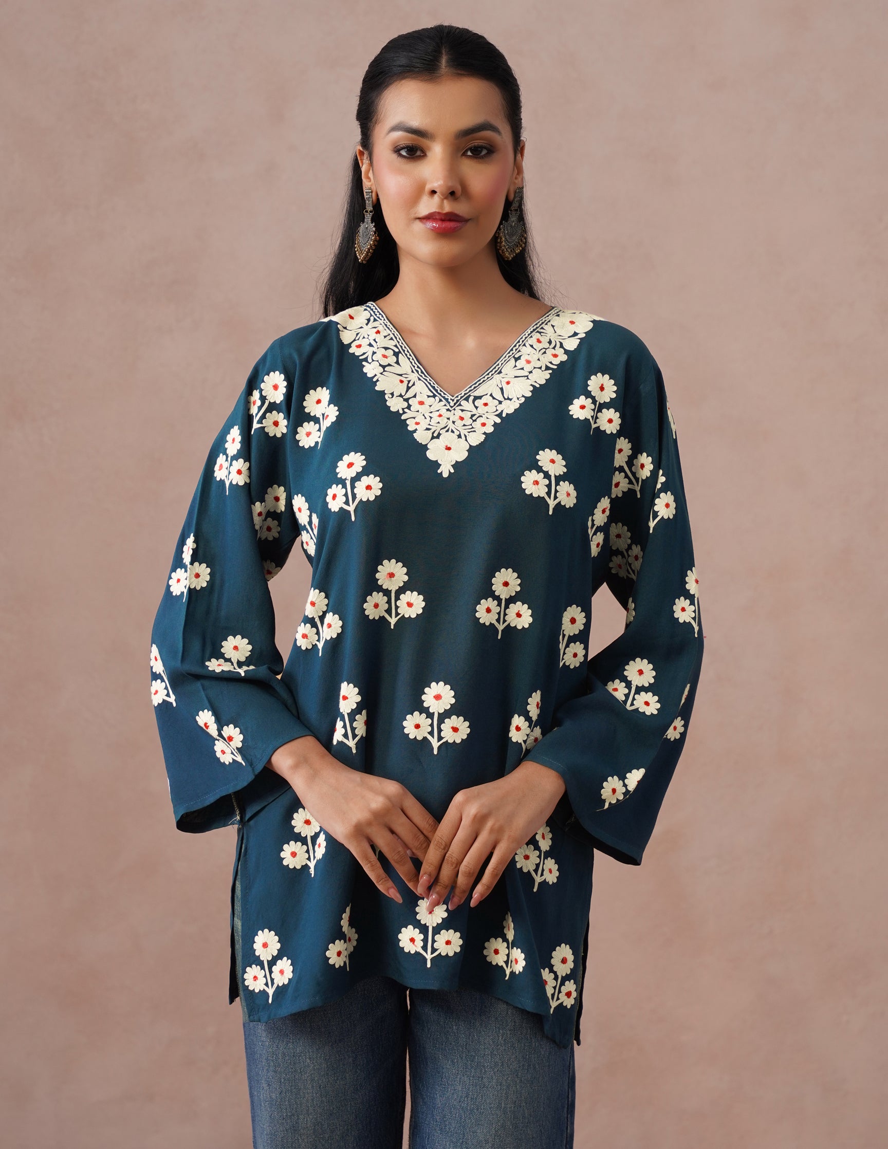 Blue Rayon Kurti – Light Blue &amp; Red Dual Tone Embroidery | Office Ethnic Wear - Kashmir Box