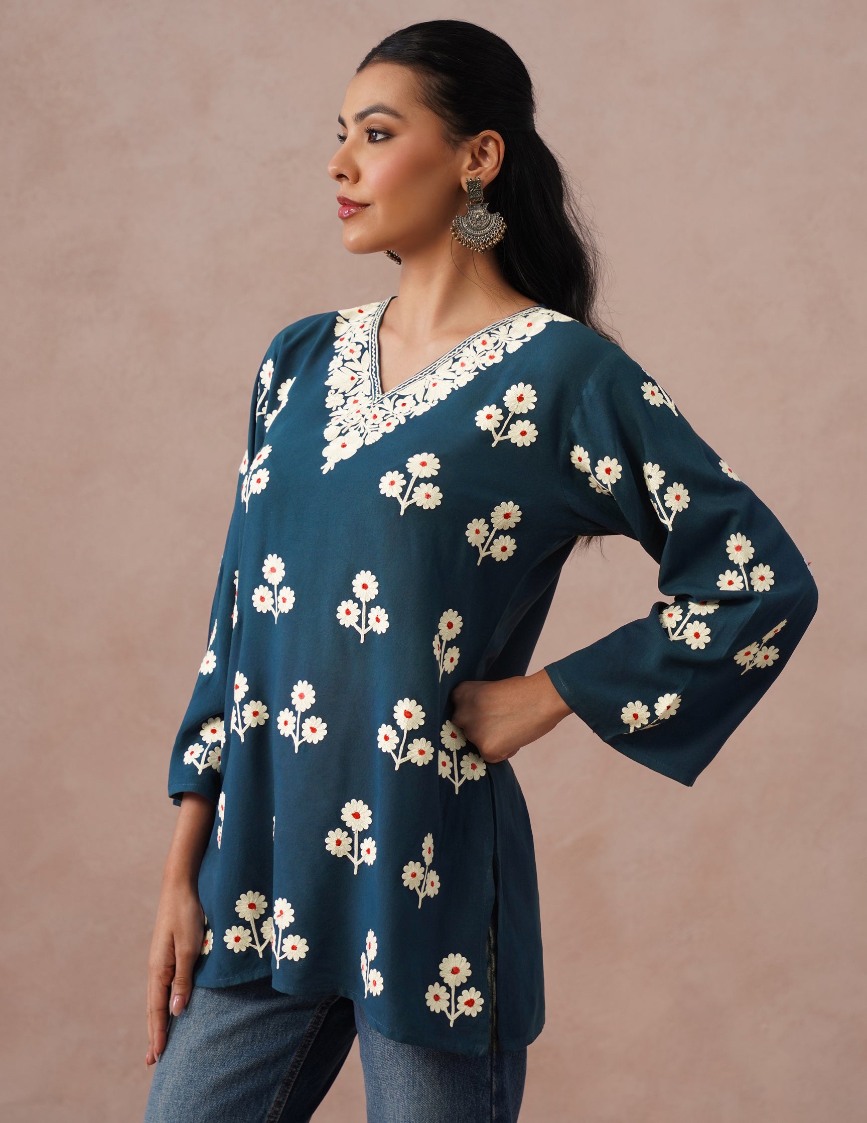 Blue Rayon Kurti – Light Blue &amp; Red Dual Tone Embroidery | Office Ethnic Wear - Kashmir Box