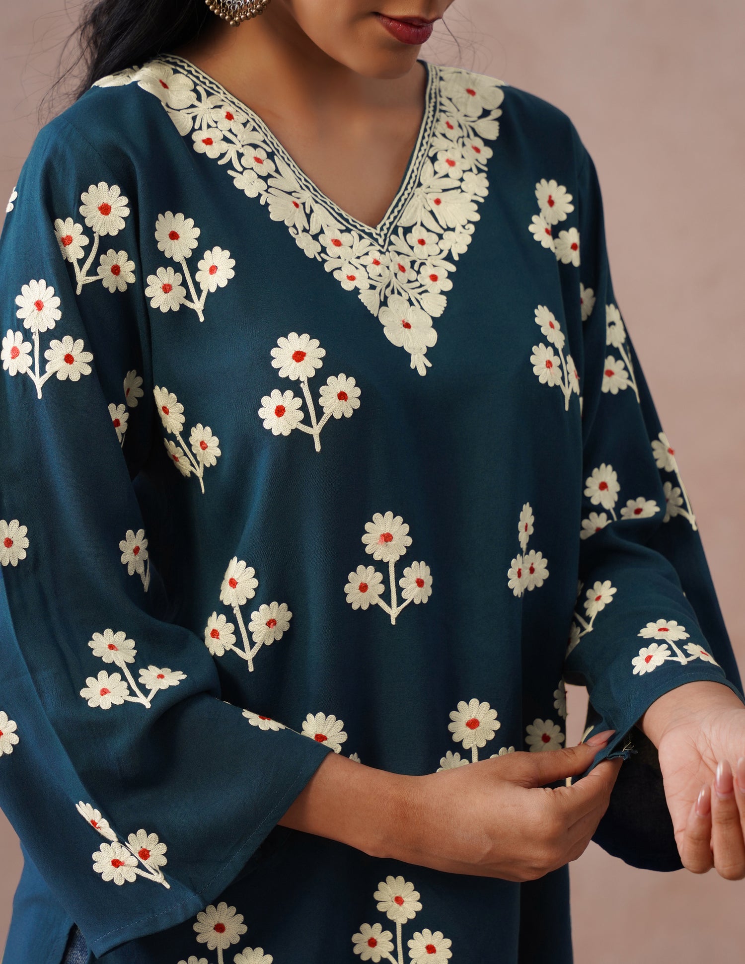 Blue Rayon Kurti – Light Blue &amp; Red Dual Tone Embroidery | Office Ethnic Wear - Kashmir Box