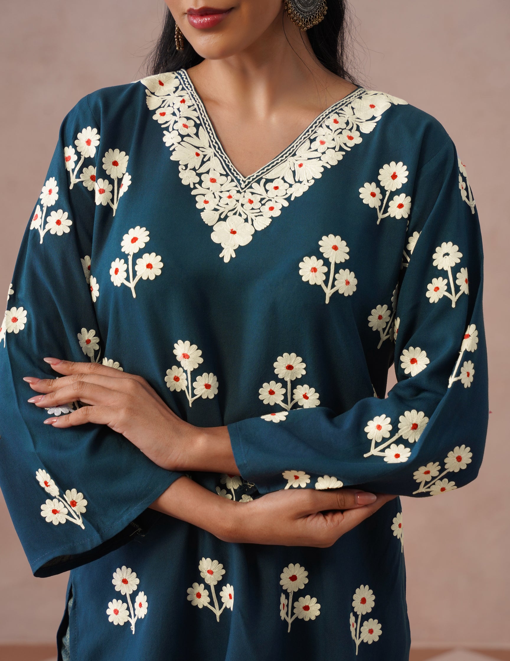 Blue Rayon Kurti – Light Blue &amp; Red Dual Tone Embroidery | Office Ethnic Wear - Kashmir Box