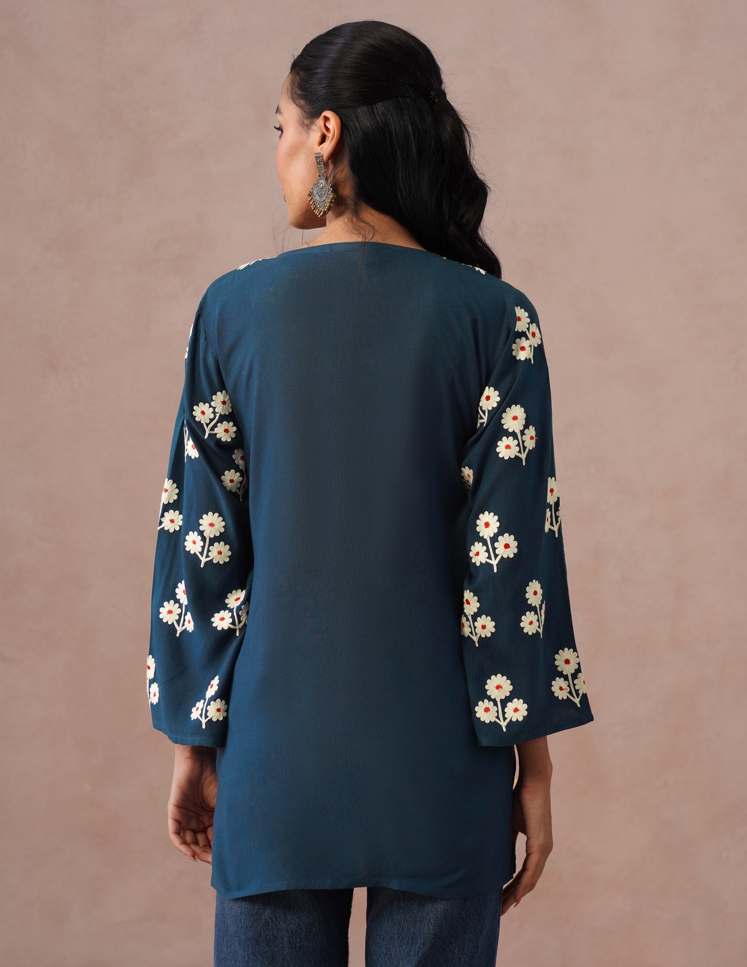 Blue Rayon Kurti – Light Blue &amp; Red Dual Tone Embroidery | Office Ethnic Wear - Kashmir Box