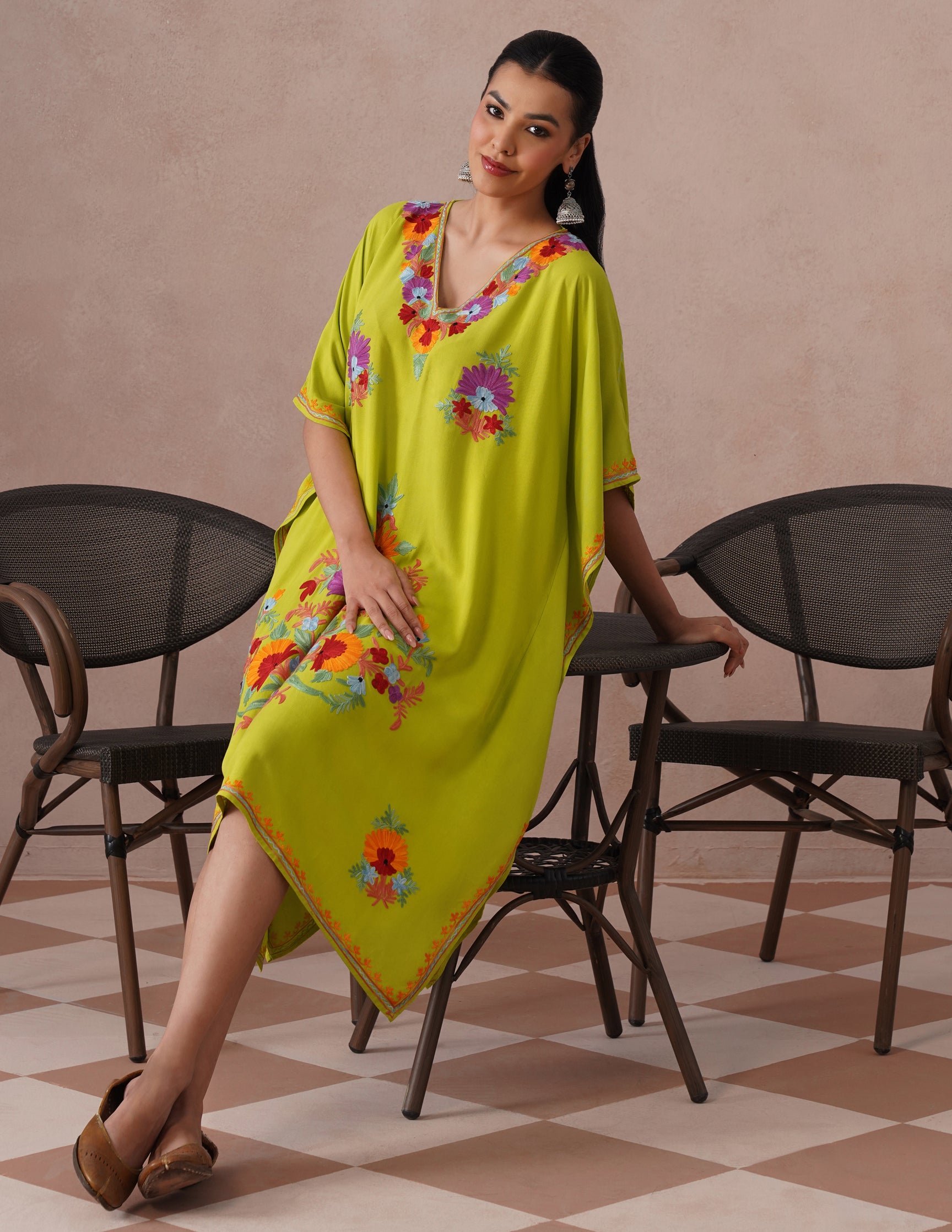 Parrot Green Rayon Kaftan – Multicolor Aari Embroidery | Vibrant Single Piece Wear - Kashmir Box