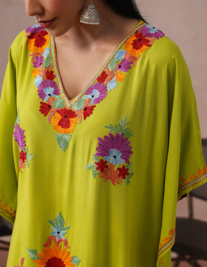 Parrot Green Rayon Kaftan – Multicolor Aari Embroidery | Vibrant Single Piece Wear - Kashmir Box