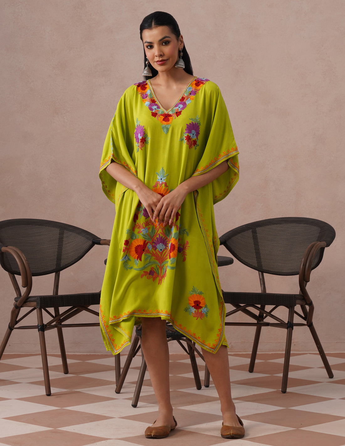 Parrot Green Rayon Kaftan – Multicolor Aari Embroidery | Vibrant Single Piece Wear - Kashmir Box