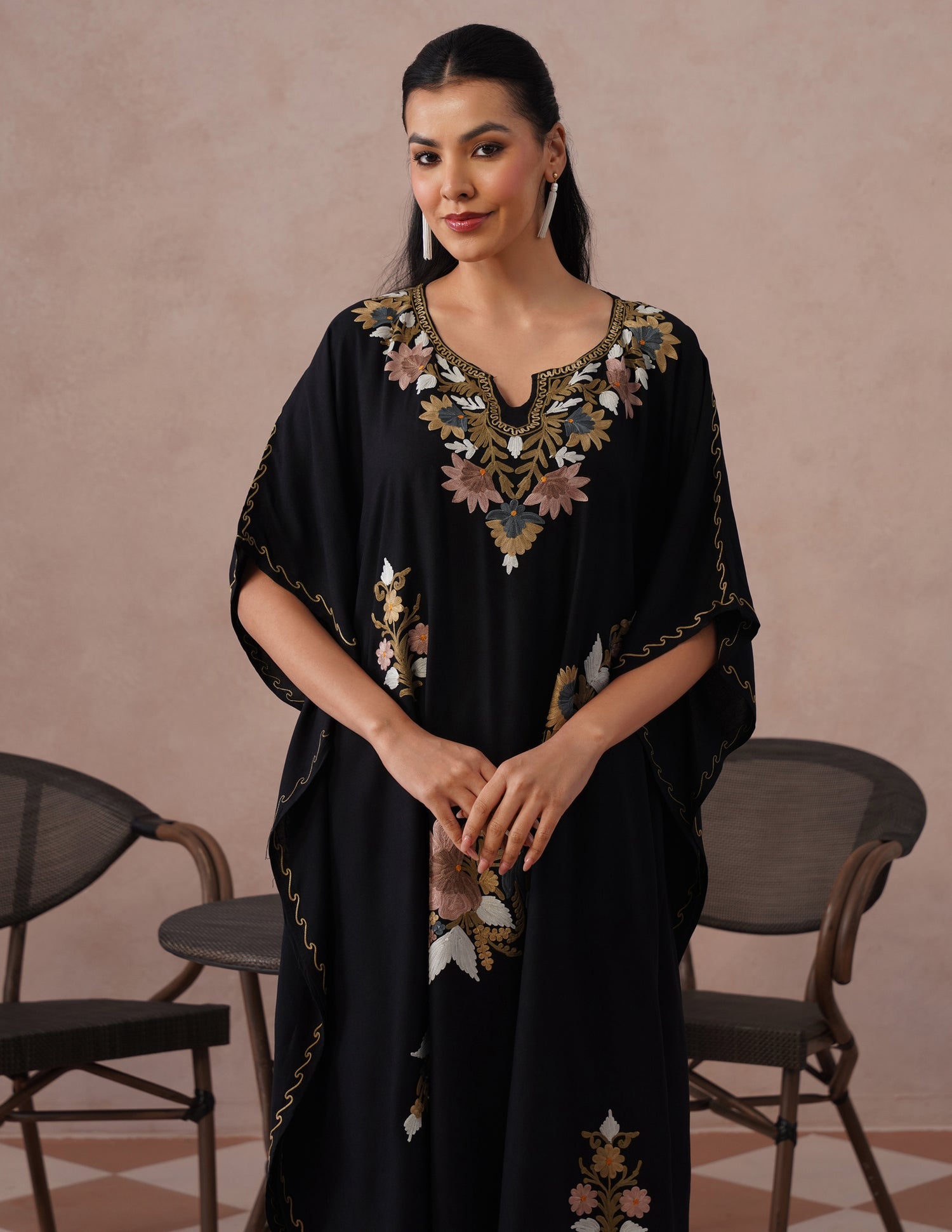 Black Rayon Kaftan – Multicolor Embroidery | All-Purpose Comfort Ethnic Wear - Kashmir Box