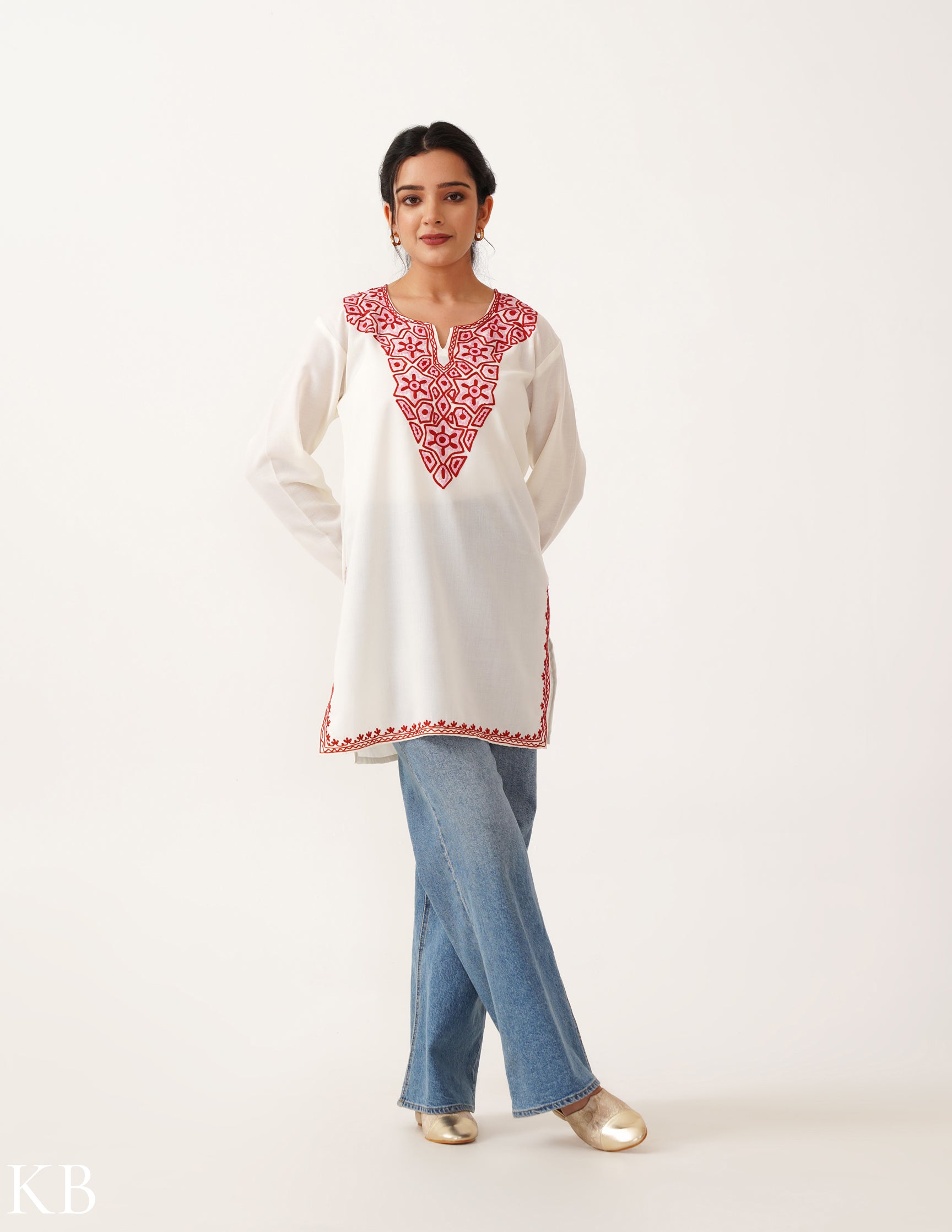 Crimson White Embroidered Short Kurti for Women - Cotton Aari Work - Kashmir Box