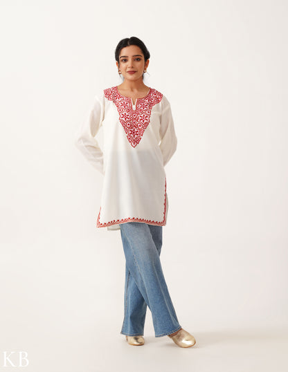 Crimson White Embroidered Short Kurti for Women - Cotton Aari Work - Kashmir Box