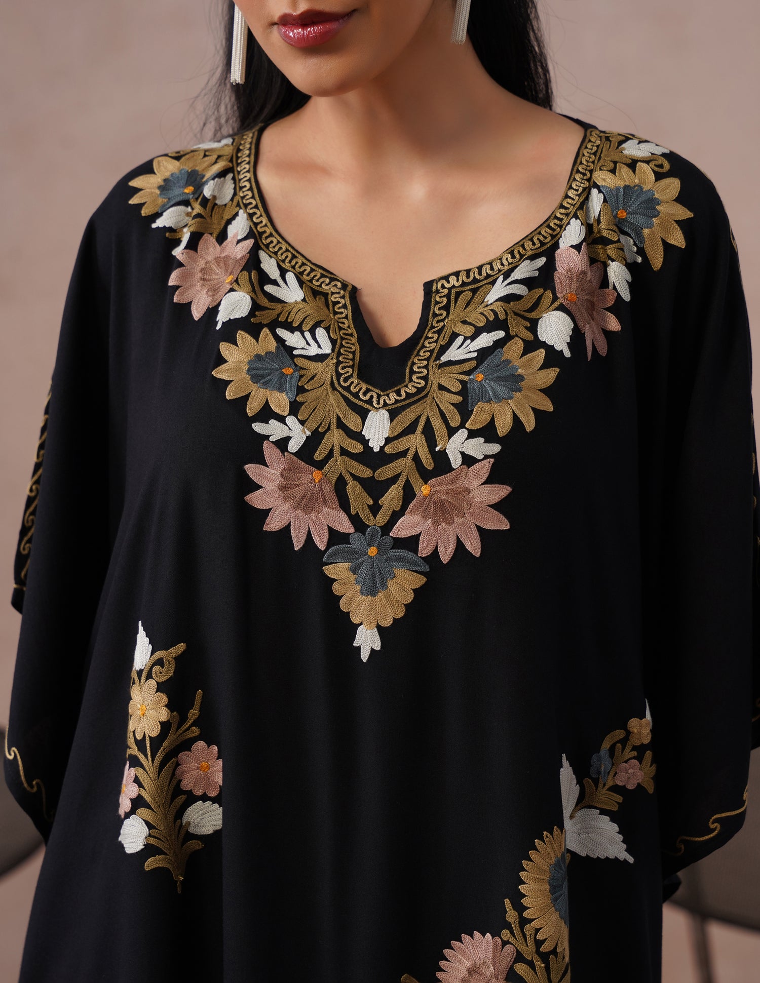 Black Rayon Kaftan – Multicolor Embroidery | All-Purpose Comfort Ethnic Wear - Kashmir Box