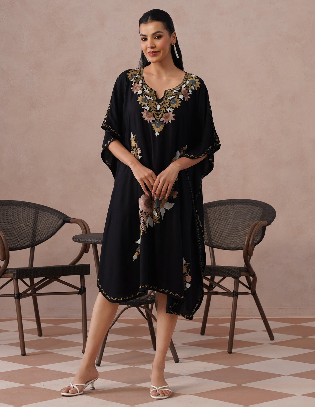 Black Rayon Kaftan – Multicolor Embroidery | All-Purpose Comfort Ethnic Wear - Kashmir Box
