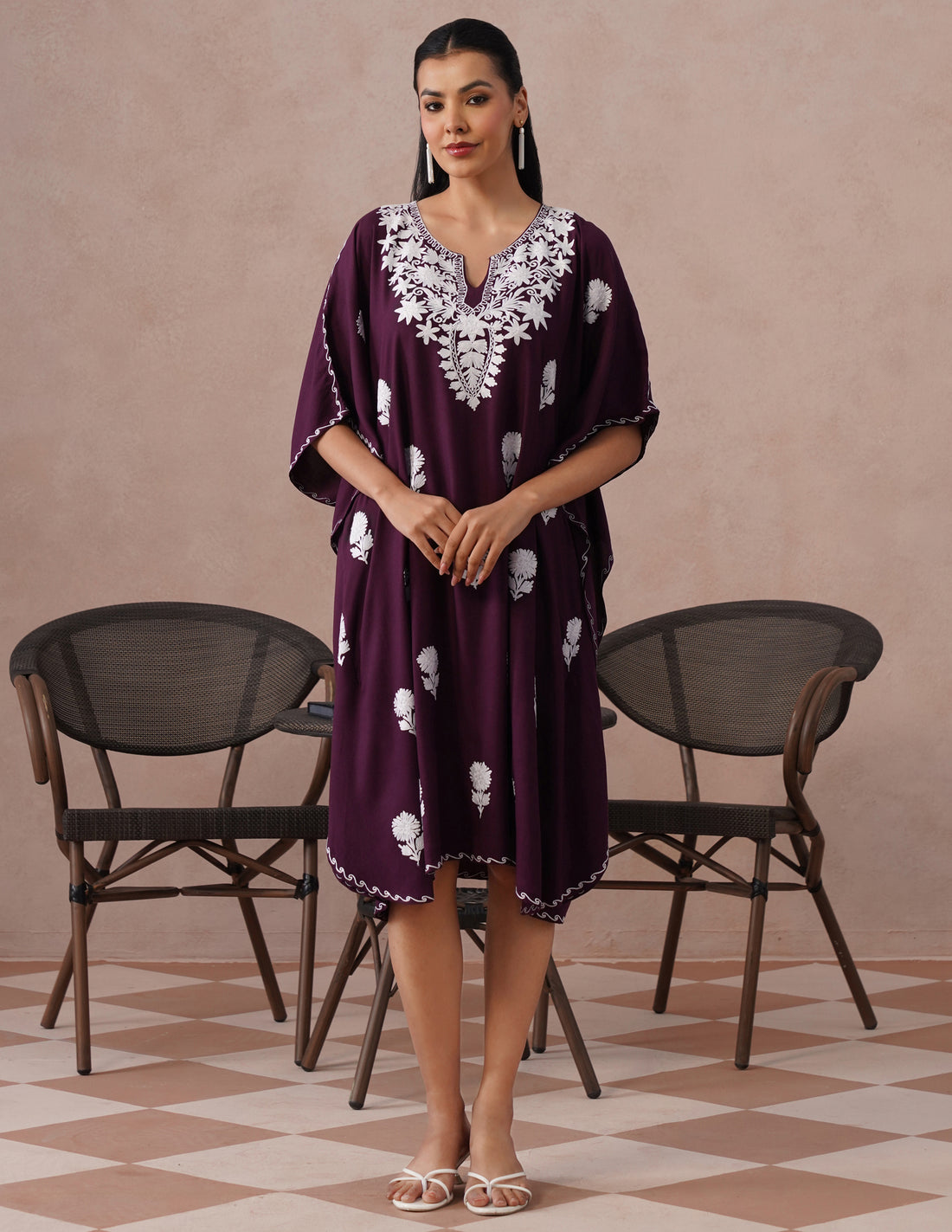 Wine Rayon Kaftan – White Aari Embroidery | Classic Single Piece Comfort Wear - Kashmir Box