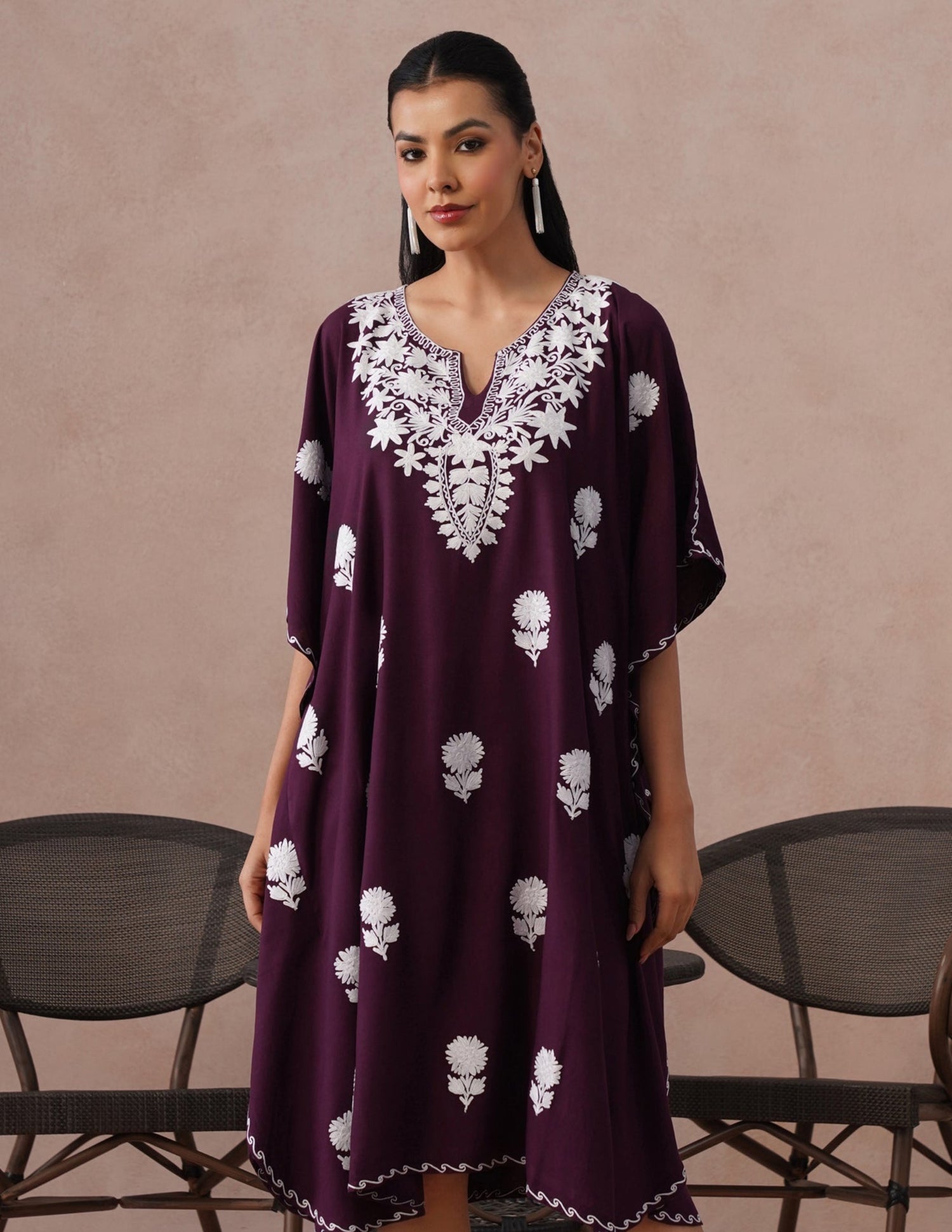 Wine Rayon Kaftan – White Aari Embroidery | Classic Single Piece Comfort Wear - Kashmir Box