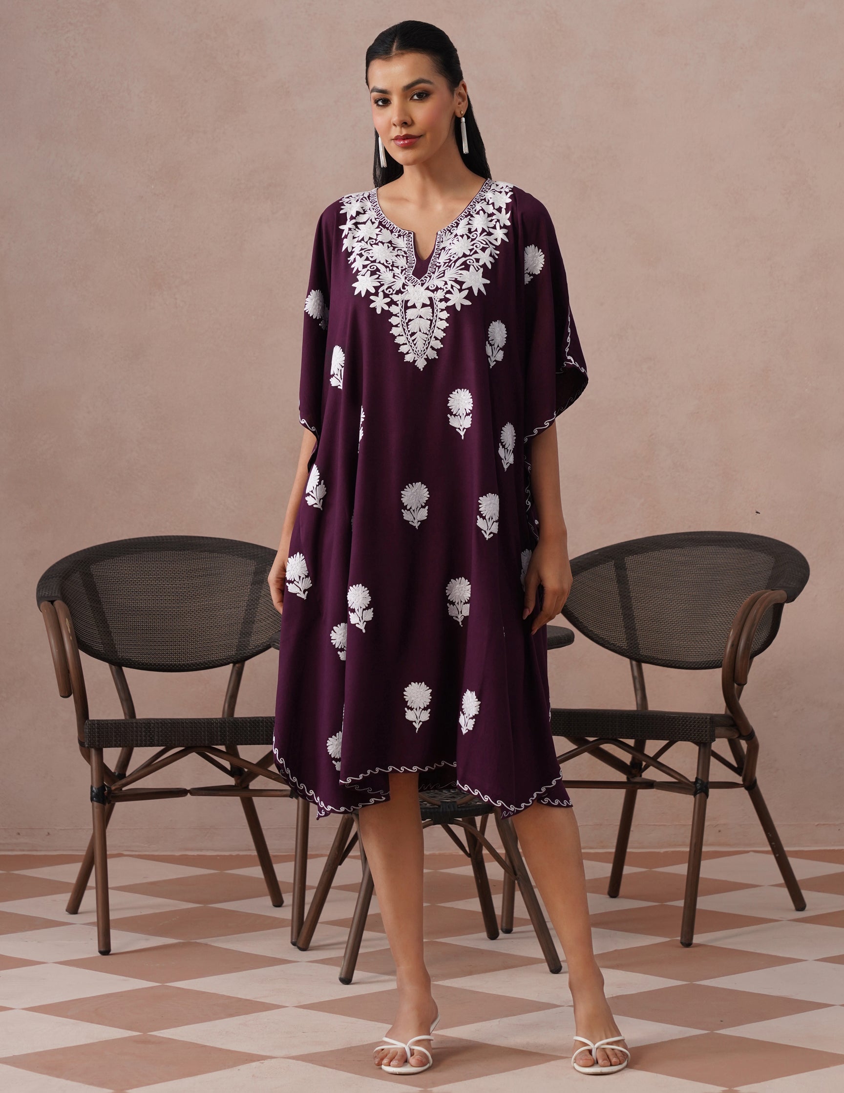 Wine Rayon Kaftan – White Aari Embroidery | Classic Single Piece Comfort Wear - Kashmir Box