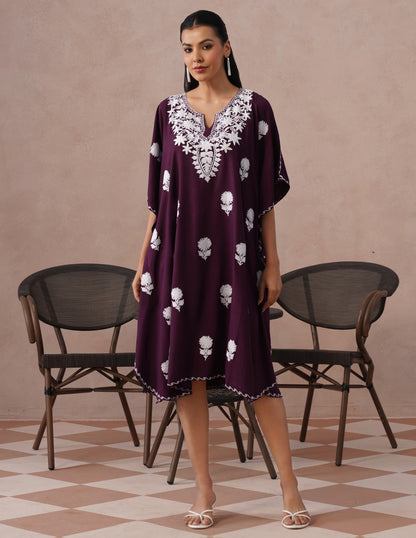 Wine Rayon Kaftan – White Aari Embroidery | Classic Single Piece Comfort Wear - Kashmir Box