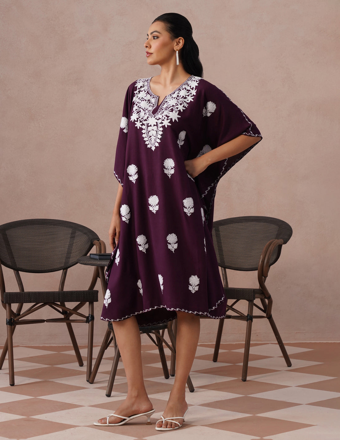Wine Rayon Kaftan – White Aari Embroidery | Classic Single Piece Comfort Wear - Kashmir Box
