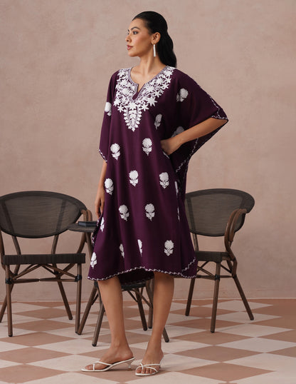 Wine Rayon Kaftan – White Aari Embroidery | Classic Single Piece Comfort Wear - Kashmir Box