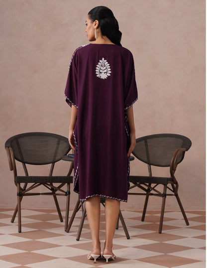 Wine Rayon Kaftan – White Aari Embroidery | Classic Single Piece Comfort Wear - Kashmir Box