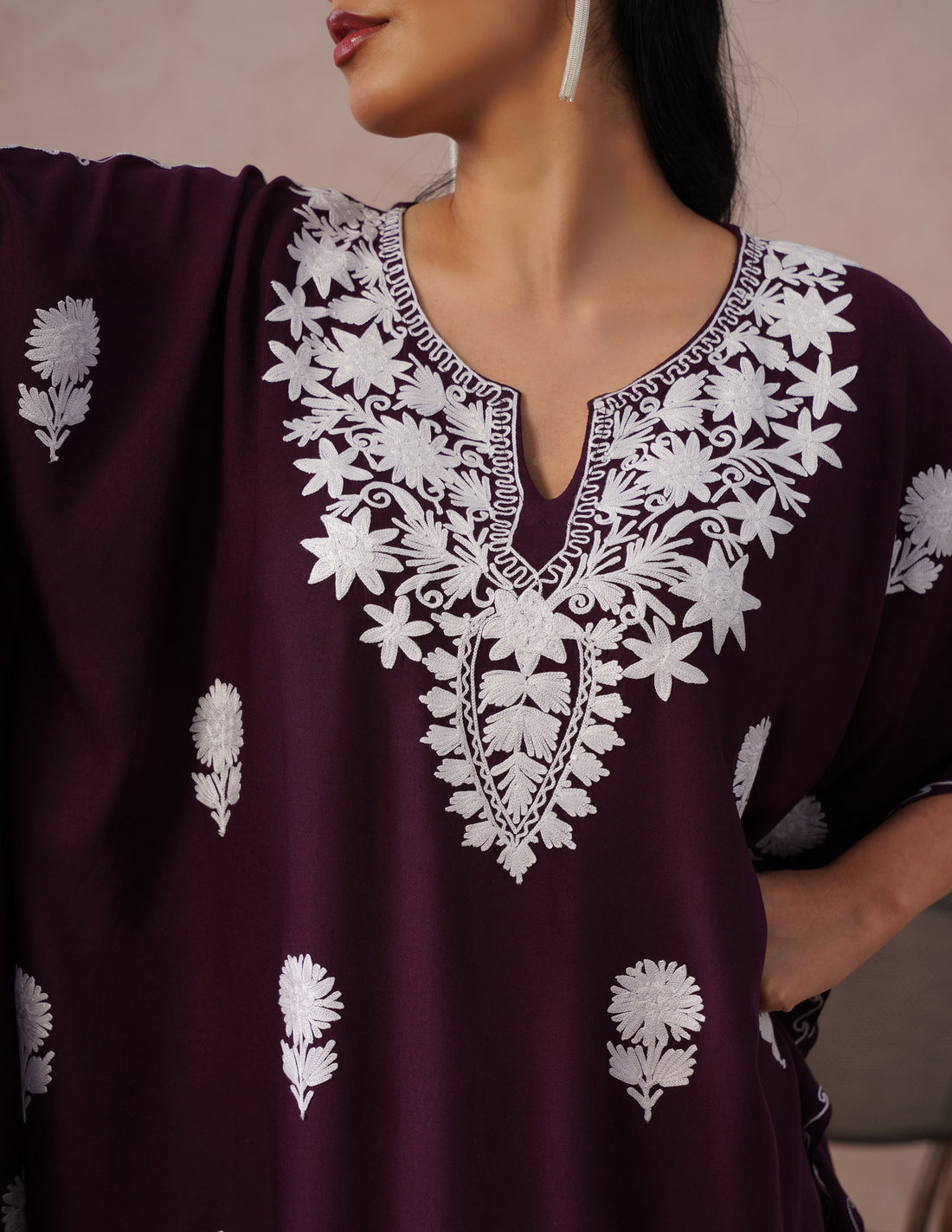 Wine Rayon Kaftan – White Aari Embroidery | Classic Single Piece Comfort Wear - Kashmir Box