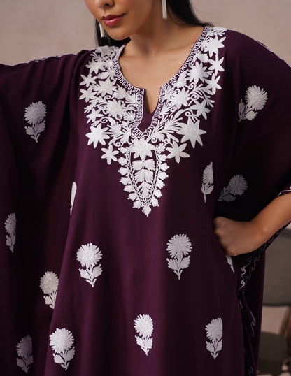 Wine Rayon Kaftan – White Aari Embroidery | Classic Single Piece Comfort Wear - Kashmir Box