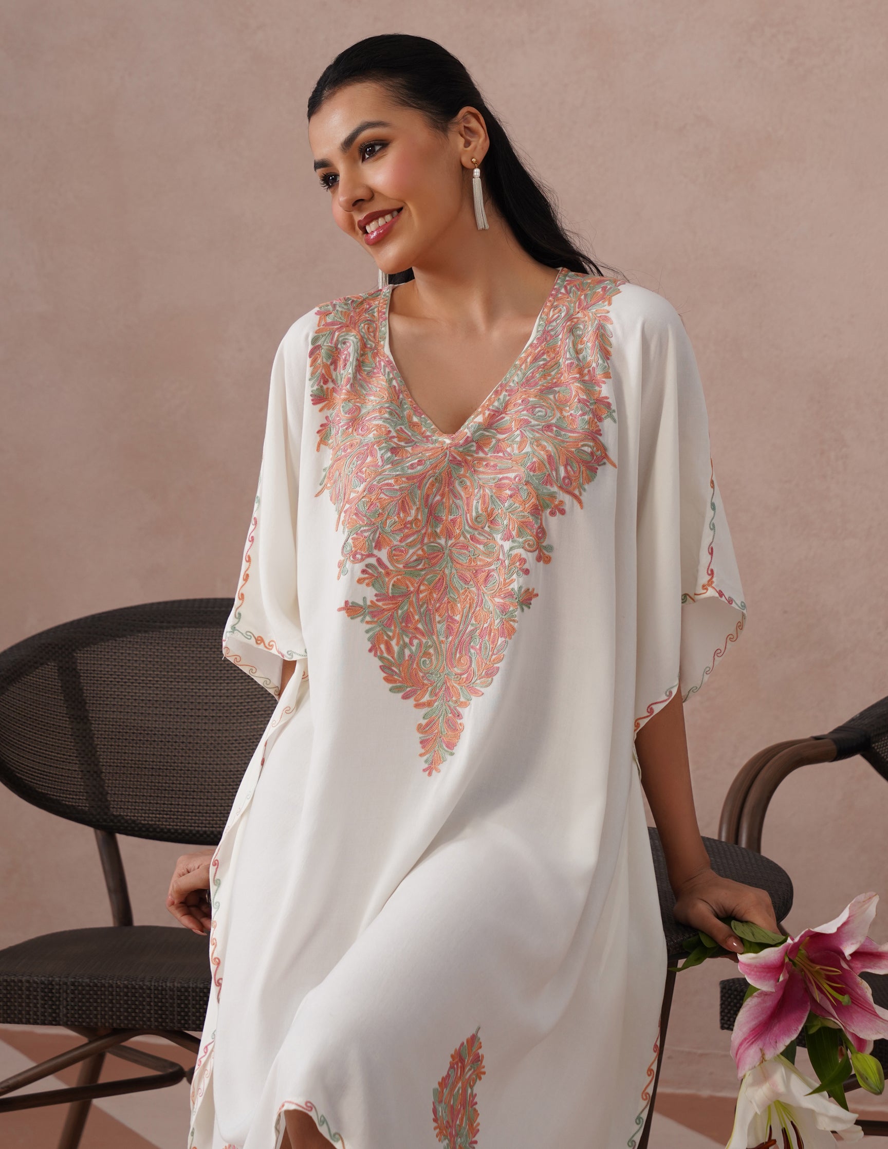 Off-White Rayon Kaftan – Multicolor Aari Embroidery | Light Summer Ethnic Wear - Kashmir Box