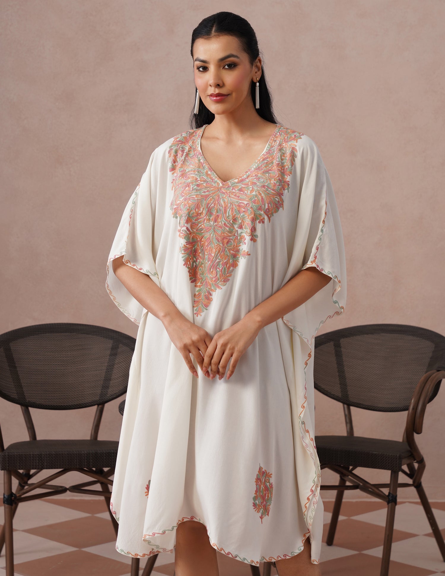 Off-White Rayon Kaftan – Multicolor Aari Embroidery | Light Summer Ethnic Wear - Kashmir Box