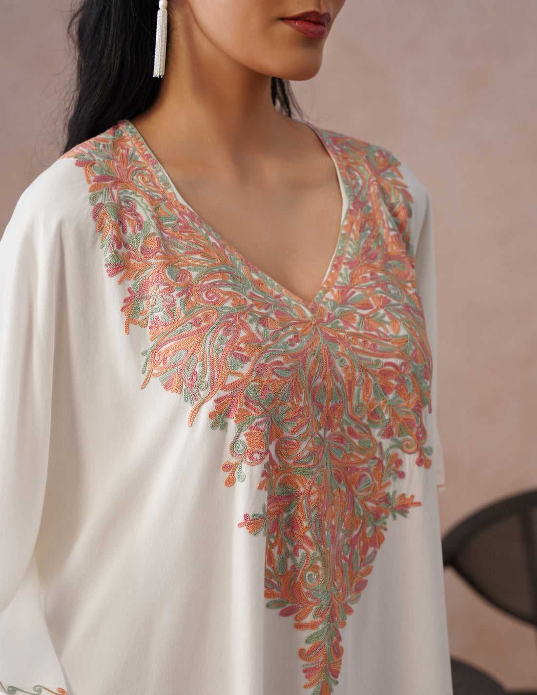 Off-White Rayon Kaftan – Multicolor Aari Embroidery | Light Summer Ethnic Wear - Kashmir Box