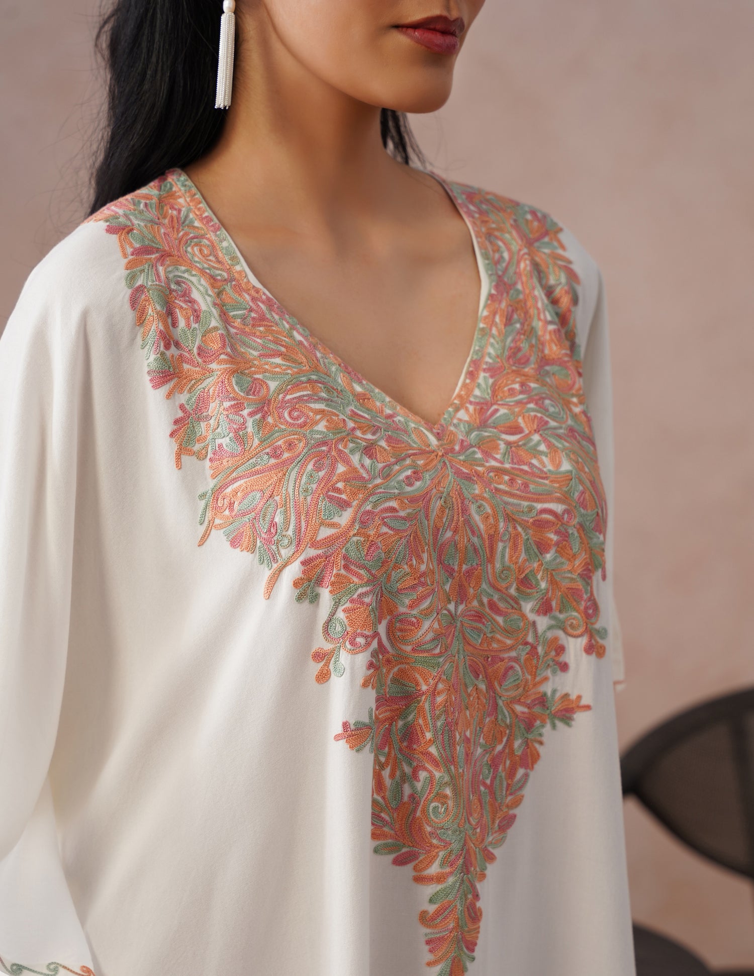 Off-White Rayon Kaftan – Multicolor Aari Embroidery | Light Summer Ethnic Wear - Kashmir Box