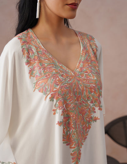 Off-White Rayon Kaftan – Multicolor Aari Embroidery | Light Summer Ethnic Wear - Kashmir Box